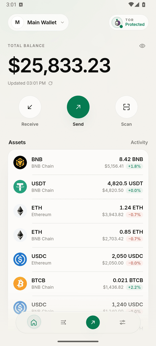 Tor Wallet home screen with portfolio balances